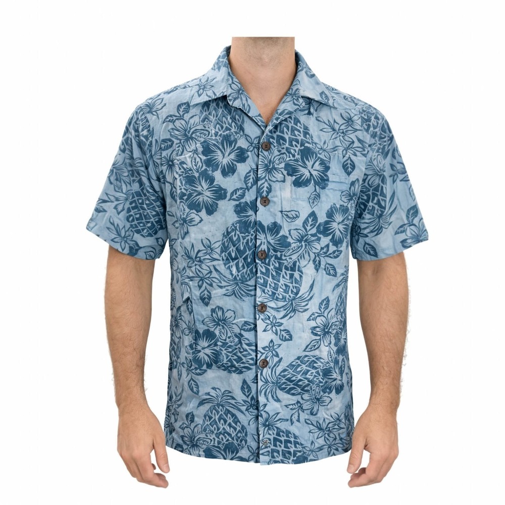 Go Barefoot Hawaiian Shirt Small Floral‎ Pineapples Hibiscus Plumeria Flowers